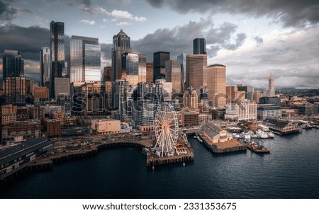Aerial view of a cloudy Seattle afternoon