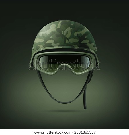 Vector 3d Realistic Military Helmet with Protect Glasses Icon Set Closeup. Helmet, Army Symbol of Defense and Protect. Soldier Helmet Design Template Royalty-Free Stock Photo #2331365357