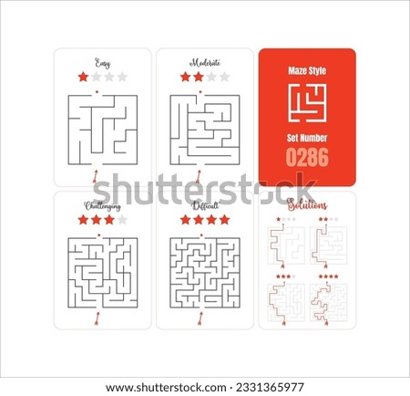 Quartet of Printable Square Labyrinth Puzzles for Children - Ranging from Simple to Challenging with Solutions Included - Ready-to-Print Classic Maze Vector Set 0286