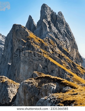 Dramatic mountain peaks of Seceda and Odle mountains in Val Gardena, Alto Adige, north Italy, Europe. Furchetta peak, stuning Alpine landscape. Royalty-Free Stock Photo #2331366585