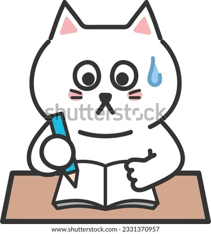 White cartoon cat can't keep up with the classes with a pencil and notebook, vector illustration.