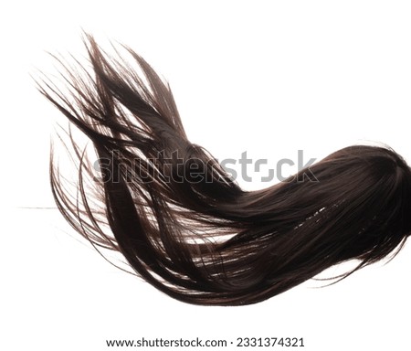 Long straight Wig hair style fly fall explosion. Brown woman wig hair float in mid air. Straight brown wig hair wind blow cloud throw. White background isolated high speed freeze motion Royalty-Free Stock Photo #2331374321
