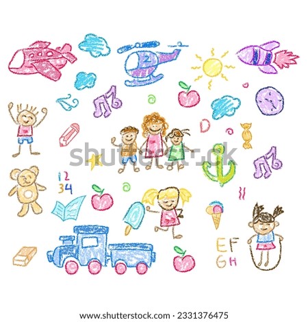 Children drawings with crayon. Kids doodle drawing, children crayon drawing and hand drawn kid ice cream, plane, helycopter,train and teddy bear pastel pencil doodle vector illustration Royalty-Free Stock Photo #2331376475