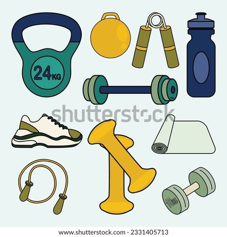 Set of Gym Workout and Fitness Equipment Simple Flat Line Illustration
