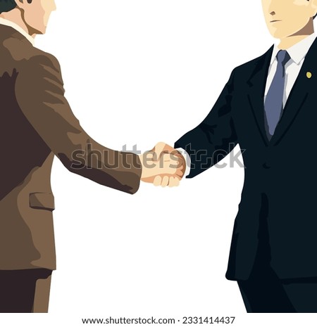 Handshake between man lawyer and a man flat color illustration, vector Royalty-Free Stock Photo #2331414437