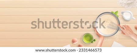 Dough pancakes whisk hands realistic composition with wooden background and top view of human hands cooking vector illustration
