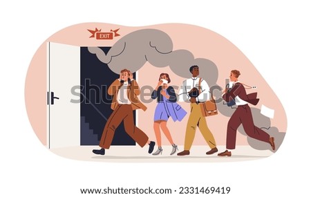 Evacuation in fire emergency, urgency situation. People running away, escaping, leaving building with smoke from exit door. Men, women evacuating. Flat vector illustration isolated on white background