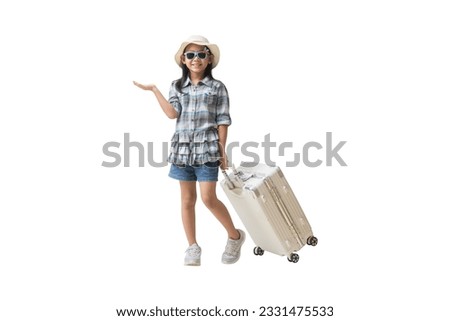 Happy smiling asian little girl with a suitcase with hand holding open palm up blank space, adventure vacation travel trip dream concept. Full body isolated on white background, Clipping Paths