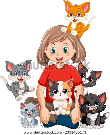 A girl with her cats in cartoon style illustration