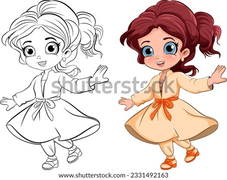 Cute Girl in Beautiful Dress Outline for Colouring illustration