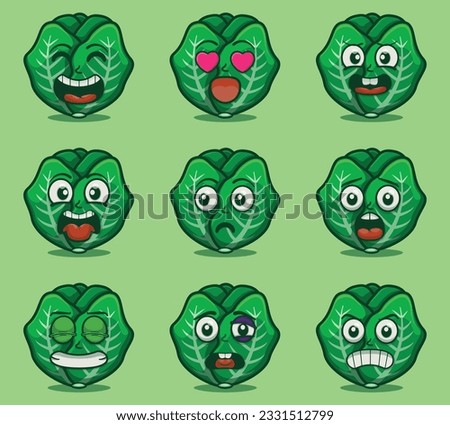 Cute and kawaii brussel sprout character emoticon expression illustration set