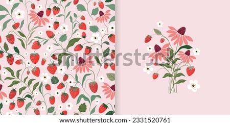 Summer seamless pattern and card design with wild strawberries and flowers, seasonal strawberry wallpaper, cute design for fabric, interior decor, wrapping paper Royalty-Free Stock Photo #2331520761
