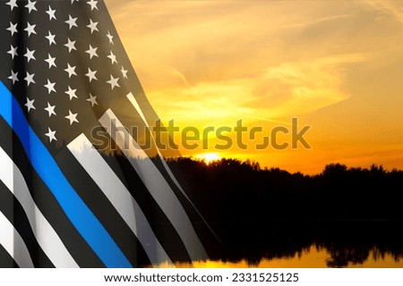 Thin Blue Line. American flag with police blue line on a background of sunset. Support of police and law enforcement. National Law Enforcement Appreciation Day