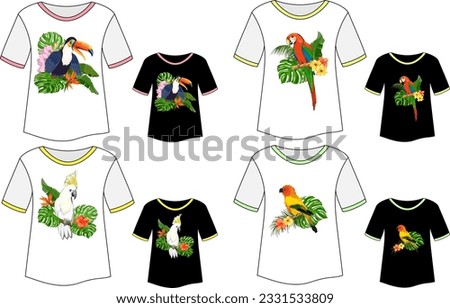 Clothes with a color print.Vector set of clothes on a transparent background with colorful prints of tropical flora and fauna.