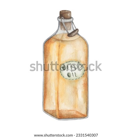 Watercolor illustration. Hand painted yellow virgin olive oil in glass bottle with Olive Oil label, handle and brown cork. Transparent square bottle with tag, sticker. Isolated clip art for banners