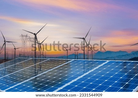 Solar panels and wind power generation equipment, solar power green energy for life concept, Royalty-Free Stock Photo #2331544909