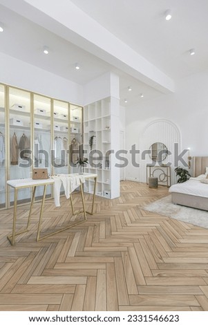 spacious open-plan apartment with stylish modern bright design, dressing area, bedroom, living room and bathroom on a sunny day