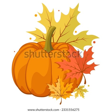 Hand drawn autumn clip art. Pumpkin and colorful leaves