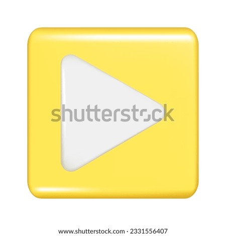 Realistic 3d yellow square shape with play sign. Decorative square button icon, 3d symbol with play button element. Abstract vector illustration isolated on white background