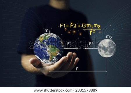 Gravitational force is that the force between the Earth and the Moon can be explained by this equation and as a result the sea level will change so that sea waves can be used for many utilization Royalty-Free Stock Photo #2331573889