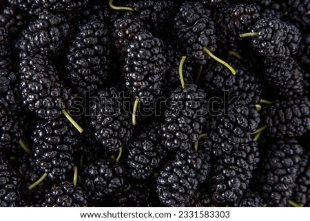 Mulberry in a bowl. Blackberry harvest in summer. Fruit black food background. Green branch with mulberry leaves. Leaf on table. Royalty-Free Stock Photo #2331583303