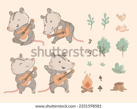 Cute Vector illustration opossum with guitar in the forest, wild. Concert. Fireplace. Vector cards, invitation, clipart for children. Sticker, pattern design. Kids design for fabric, textile, decor