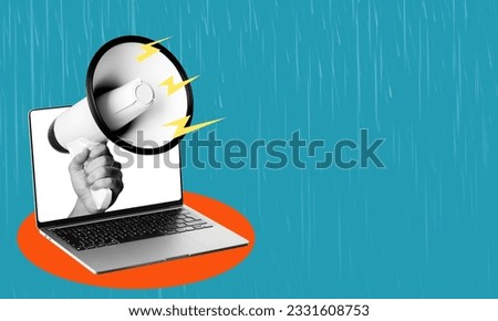Art collage, laptop, and megaphone on blue background with copy space. Concept of work and advertising. Royalty-Free Stock Photo #2331608753
