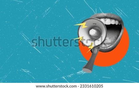 Human hand with megaphone and female open mouth on blue background. Modern design, modern art collage. Inspiration, idea, trendy urban magazine style. Negative space for advertising.