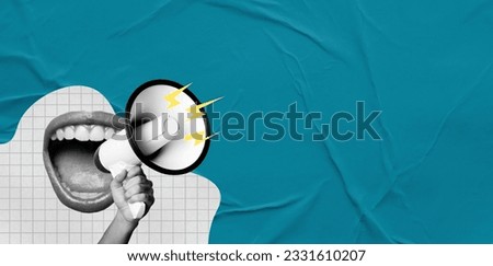 Human hand with megaphone and female open mouth on blue background. Modern design, modern art collage. Inspiration, idea, trendy urban magazine style. Negative space for advertising. Royalty-Free Stock Photo #2331610207