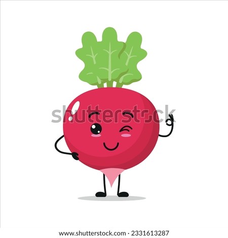 Cute happy radish character. Funny smiling and blink radish cartoon emoticon in flat style. vegetable emoji vector illustration Royalty-Free Stock Photo #2331613287
