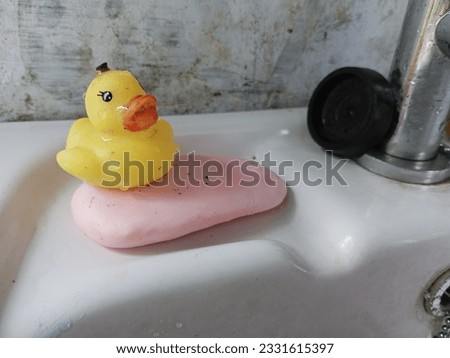 
This is a picture of a toy duck placed in the washbasin. yellow and cute.