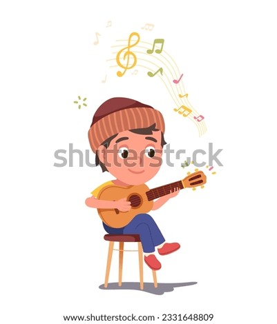 Musician boy kid playing guitar musical instrument. Cute guitarist performer child person cartoon character playing acoustic guitar. Concert performance entertainment flat vector illustration
