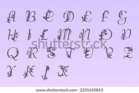 Botanical and floral alphabet. Elegant capital lettering. Font with leaves and flowers: silhouette, flat graphics, line art.