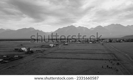 Aerial forward view of the meadows with cows and horses near to the mountain ridge and country road at summer cloud rain day, gray picture