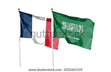France flag and Saudi Arabia flag on cloudy sky. fluttering in the sky