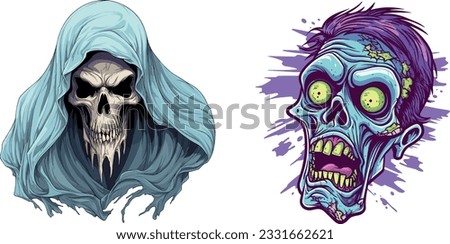 Scary Halloween Mosters Illustration, Isolated Cartoon Clip Art of a Ghost and Zombie Clip Art, Digital Vector Artwork