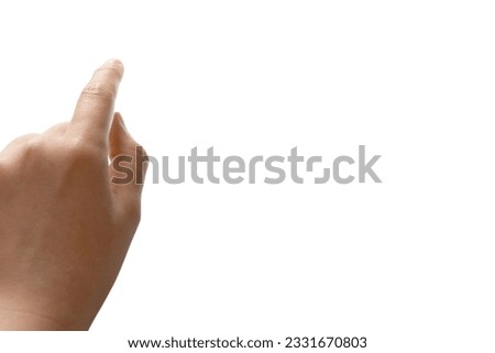 Empowering Gesture of a Child's Index Finger Pointing Up. Clipping path and copy free space on right.