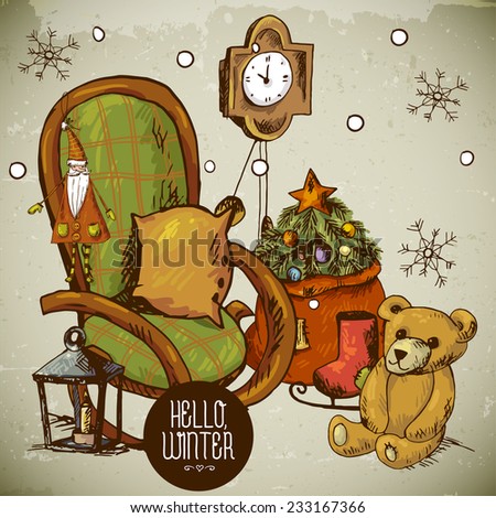 Hand-drawn New Year and Christmas Greeting Card. Vector Illustration. Design Elements with Christmas tree, gifts, skates,clock, chair, Santa Claus, flashlight, teddy 