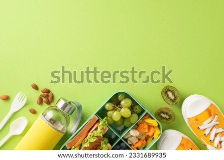 Transport audience to school cafeteria with overhead photo featuring lunchbox with appetizing sandwiches, fresh fruits, veggies and a water bottle on light green backdrop ideal for text or advertising