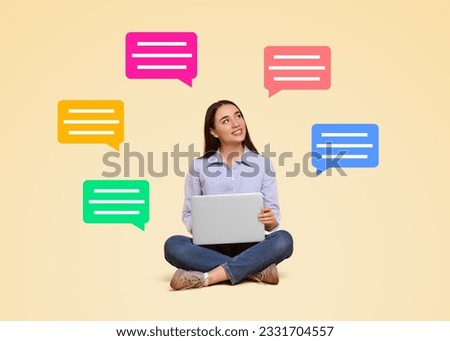Smiling young woman with laptop on beige background. Speech bubbles around her