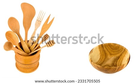 Set of wooden kitchen utensils isolated on white background. Free space for text. Collage.
