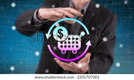 Purchase concept between hands of a man in background