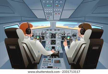 Airplane cockpit view with panel buttons, dashboard control and pilot's chair with pilots. Airplane pilots cabin. Cartoon vector illustration. Royalty-Free Stock Photo #2331713117