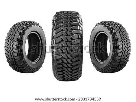 three car tire , offroad tire and wheel isolated on white background. Royalty-Free Stock Photo #2331734559