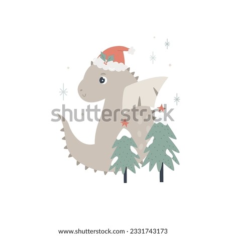 Christmas holiday illustration with adorable dragon in a santa hat. Seasonal print with cute character