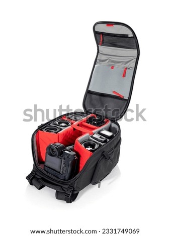 Professional camera bag with lenses and speedflash in 
