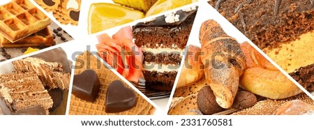Sweet pastries, cakes and confectionery. Mosaic photo collage. Wide photo.
