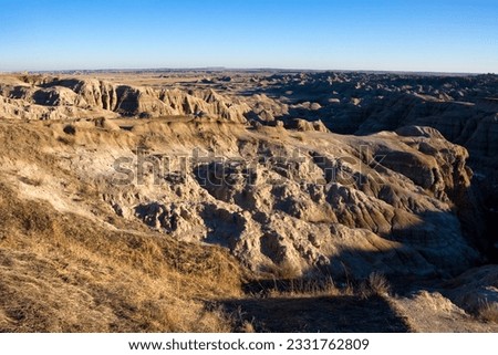 Overview of landscape in Badlands National Park, South Dakota.
