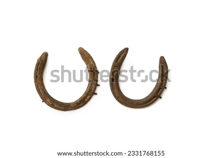 Two old rusty horseshoes side by side over white.