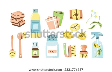 Set of eco-friendly cleaning supplies. Vinegar, baking soda, essential oil and castile soap. Vector illustration of green non-toxic cleaning products. Isolated on white background. Royalty-Free Stock Photo #2331776957
